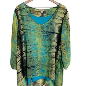 1X Blouse with Tree Print Teal Cami - Lightweight & Flowy
